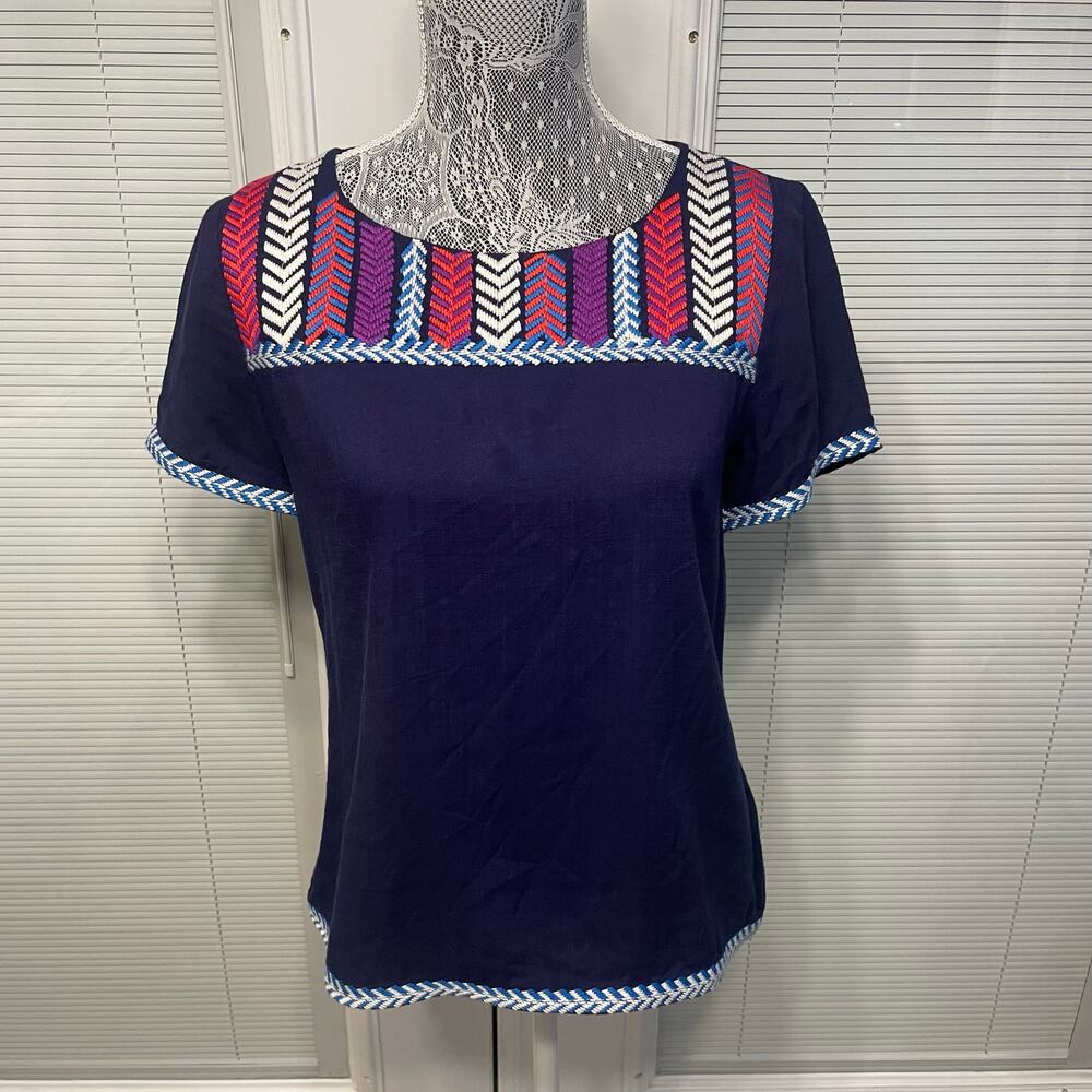 THML Navy Blue Embroidered Bib Blouse Top Boutique Boho S *READ*